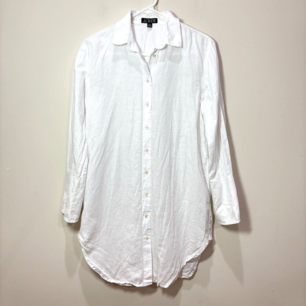 J Crew White Linen Cotton Long Sleeve Button Down Tunic Shirt XXS Quiet Luxury